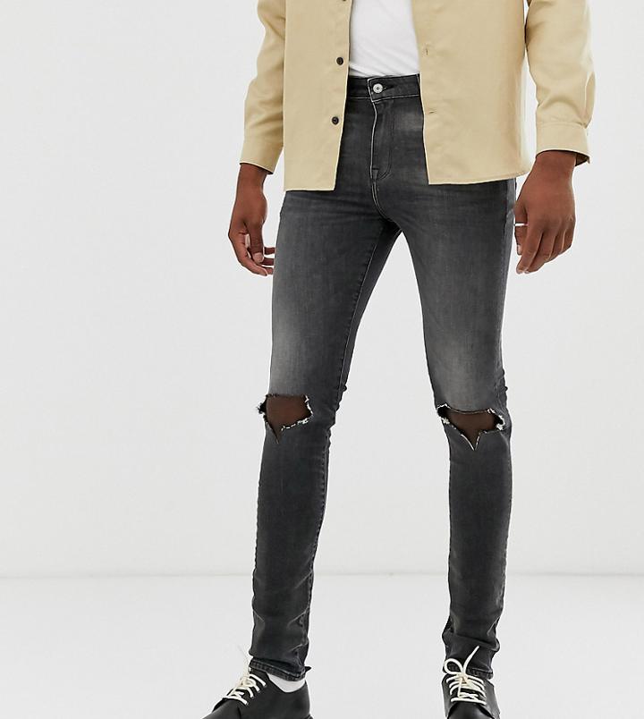 Asos Design Tall 12.5oz Super Skinny Jeans In Vintage Washed Black With Busted Knees