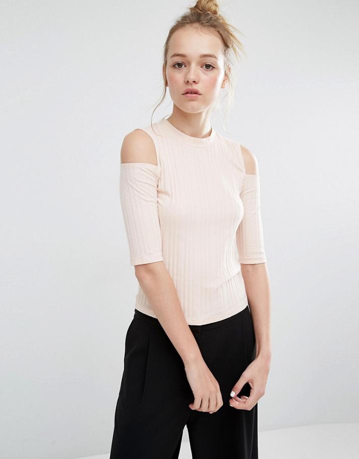 Monki Cold Shoulder Ribbed Top - Pink