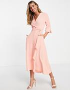 Closet London Kimono Wrap Skater Midi Dress In Blush-pink