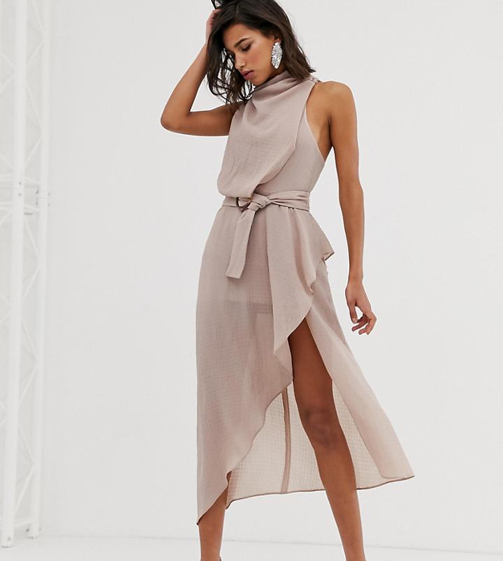 Asos Design Drape Neck Midi Dress In Textured Fabric With Self Belt - Beige