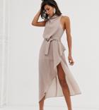Asos Design Drape Neck Midi Dress In Textured Fabric With Self Belt - Beige