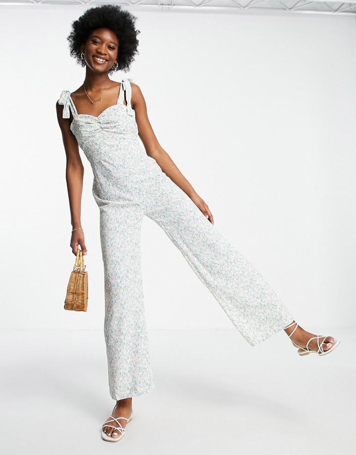 Miss Selfridge Tie Strap Jumpsuit In Compact Floral-green