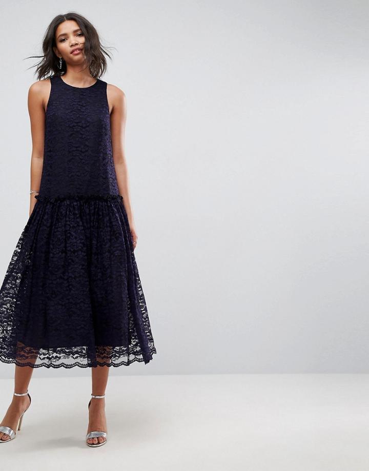 Asos Lace Smock Drop Waist Midi Dress - Navy