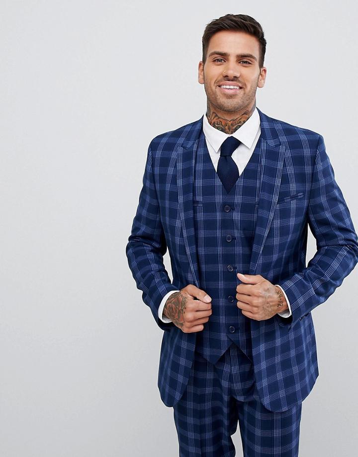 Asos Design Wedding Skinny Suit Jacket In Tonal Blue Check - Blue