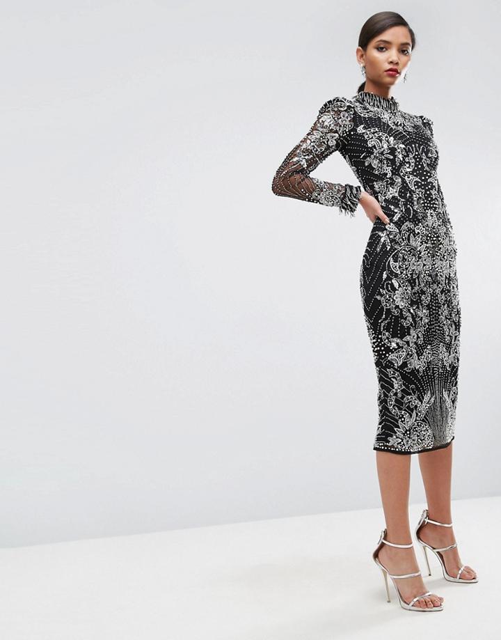 Asos Red Carpet Embellished Fringe Midi Pencil Dress - Black