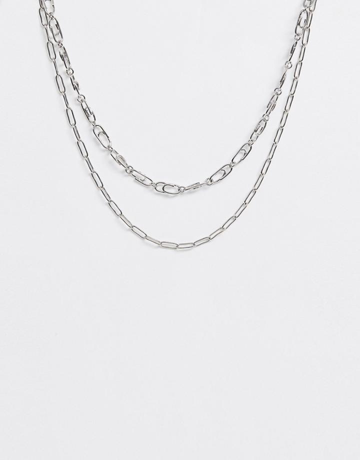 Asos Design Multirow Necklace With Paperclip Design And Hardware Link In Silver - Silver