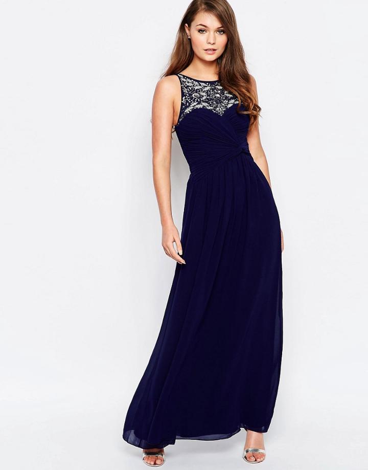 Little Mistress High Neck Embellished Maxi Dress - Navy