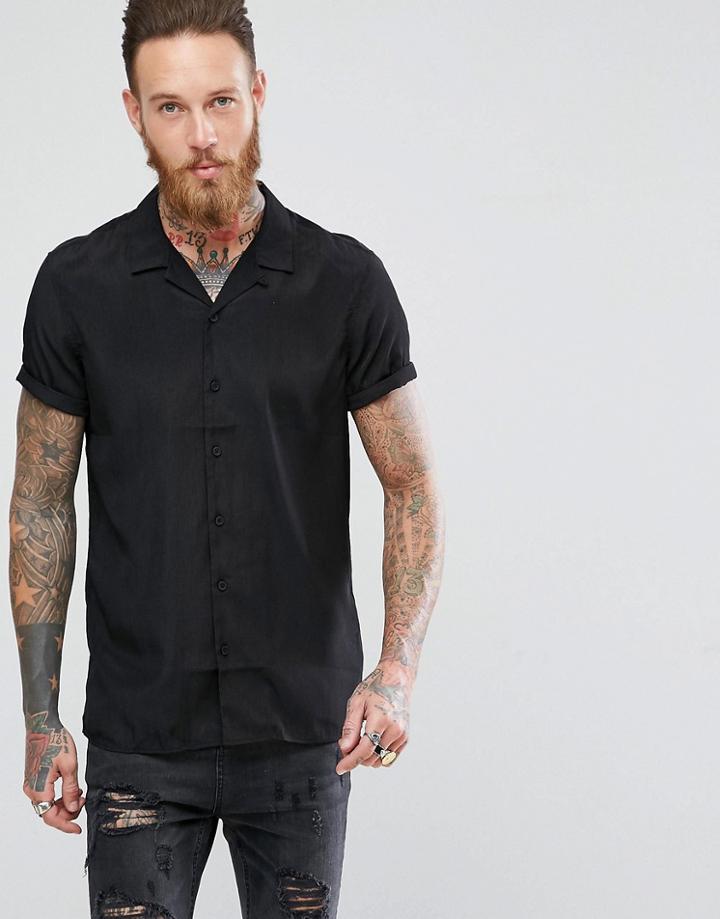 Asos Regular Fit Viscose Satine Revere Shirt In Black - Black