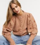 Y.a.s Embroidered Volume Sleeve Cardigan In Camel-brown