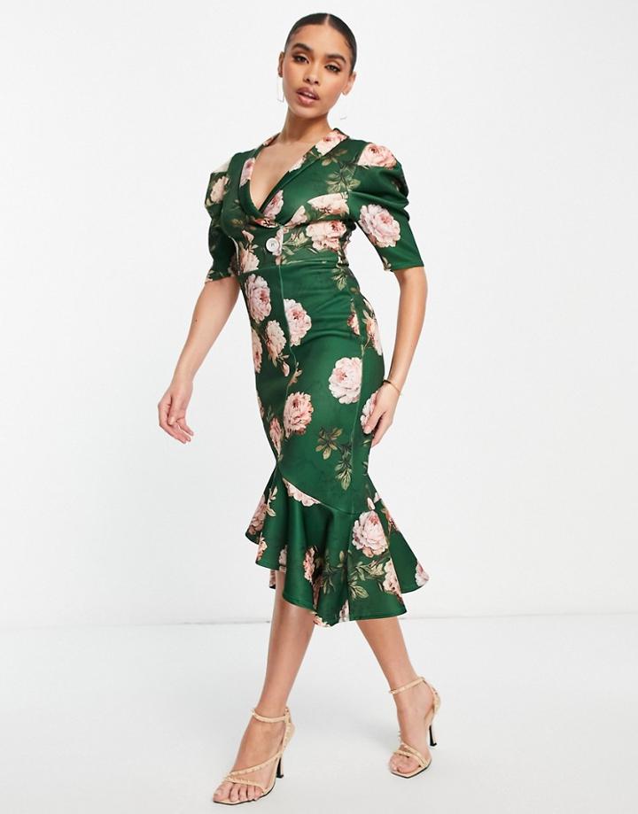 Asos Design Puff Sleeve Tux Midi Dress In Fall Floral Print-multi