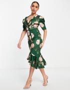 Asos Design Puff Sleeve Tux Midi Dress In Fall Floral Print-multi
