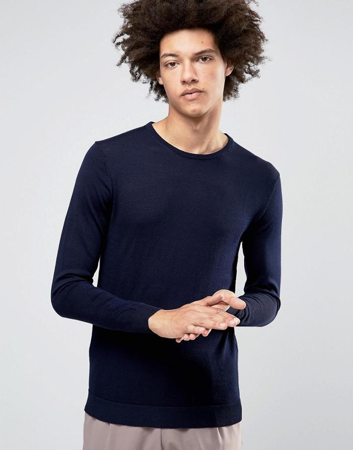 Selected Homme Merino Wool Crew Neck Sweater - Navy