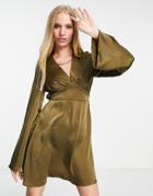 Flounce London Boho Wide Sleeve Mini Dress In Khaki-green