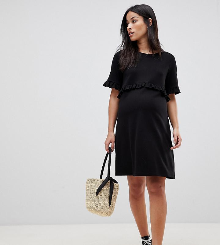 Asos Design Maternity Ruffle Detail Ponte Smock Dress With Button Back-black