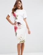 Asos Petite Smart Woven Dress With V Back In Rose Placement Print - Multi
