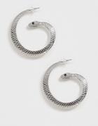 Asos Design Hoop Earrings In Snake Design In Silver Tone - Silver