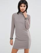 Asos Sequin Neck Trim Shift With High Neck Dress - Gray