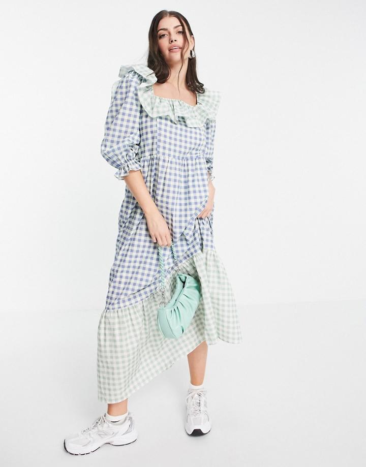 Damson Madder Organic Cotton Maxi Smock Dress In Mix Check-blues