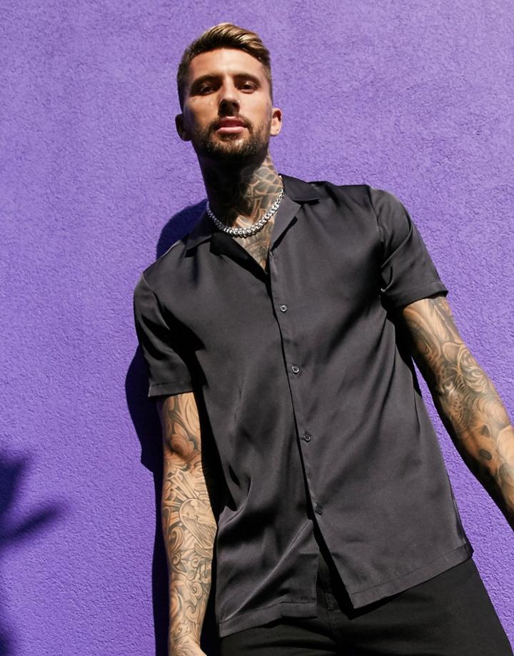 Asos Design Regular Fit Short Sleeve Satin Shirt With Revere Collar In Black