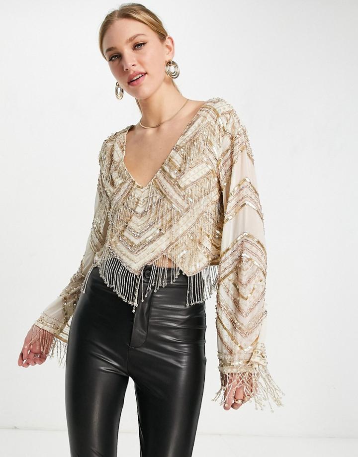 Asos Design Embellished Long Sleeve Top With Fringe Detail In Gold