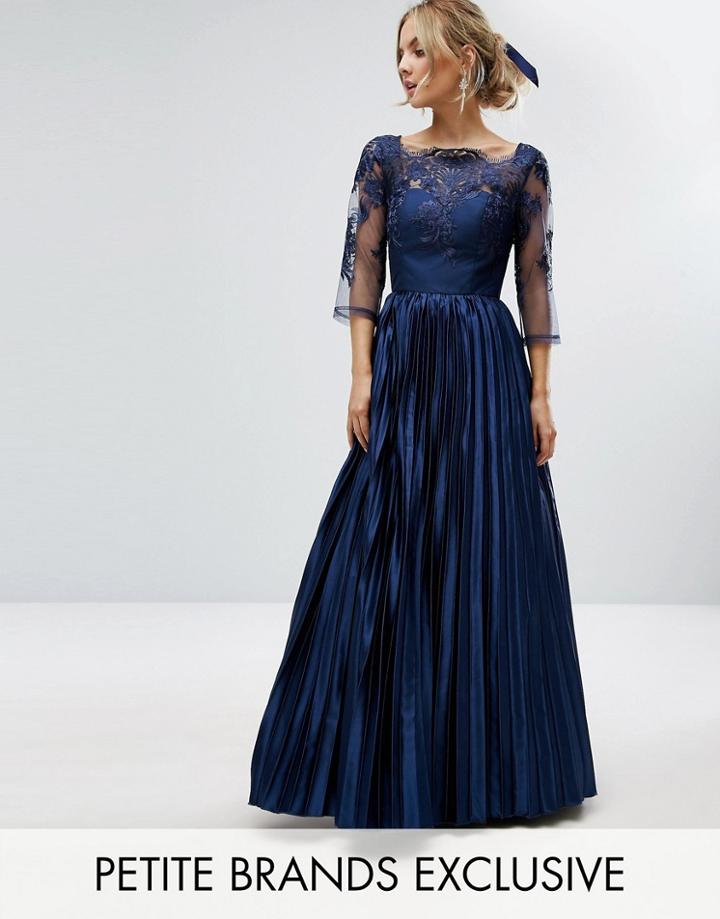 Chi Chi Petite Lace Top Maxi Dress With Pleated Skirt - Navy