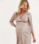 Little Mistress Maternity Velvet Sequin Wrap Tie Mini Dress In Rose Gold