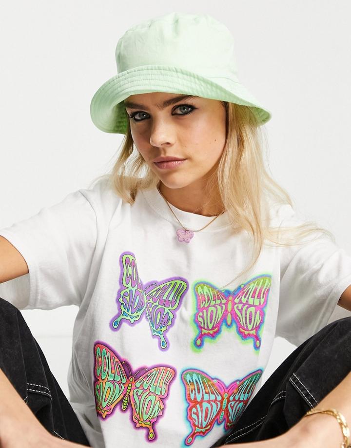 Asos Design Canvas Bucket Hat With Raw Edge In Washed Lime-green