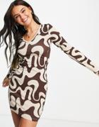 Daisy Street Plunge Front Body-conscious Dress In Brown Swirl