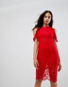 Naanaa Lace Bodycon Midi Dress With Cold Shoulder And Cut Out Detail - Red