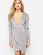 Liquorish Asymmetric Dress With Plunge Front - Gray