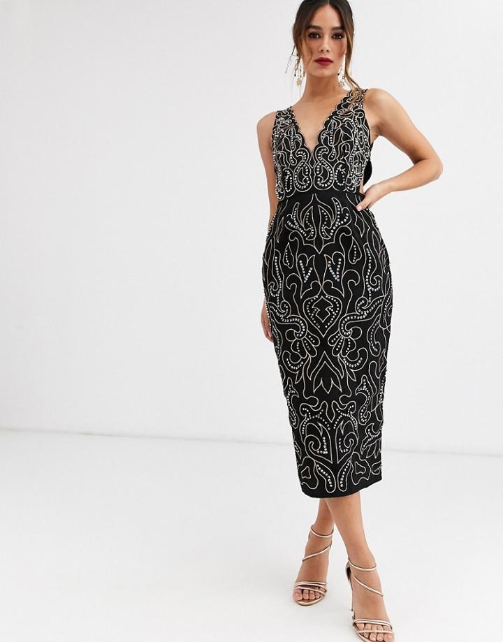 Asos Design Midi Pencil Dress With Metalic Thread Embroidery And Stud Embellishment