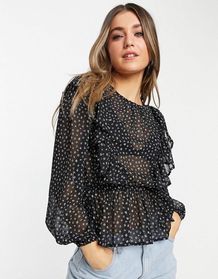 New Look Ruffle Detail Blouse In Black Spot