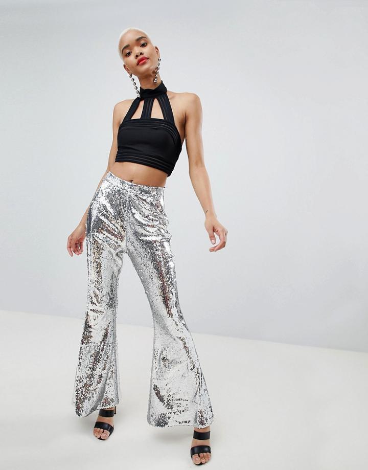 Lasula Sequin Flared Pants In Ombre Silver - Silver