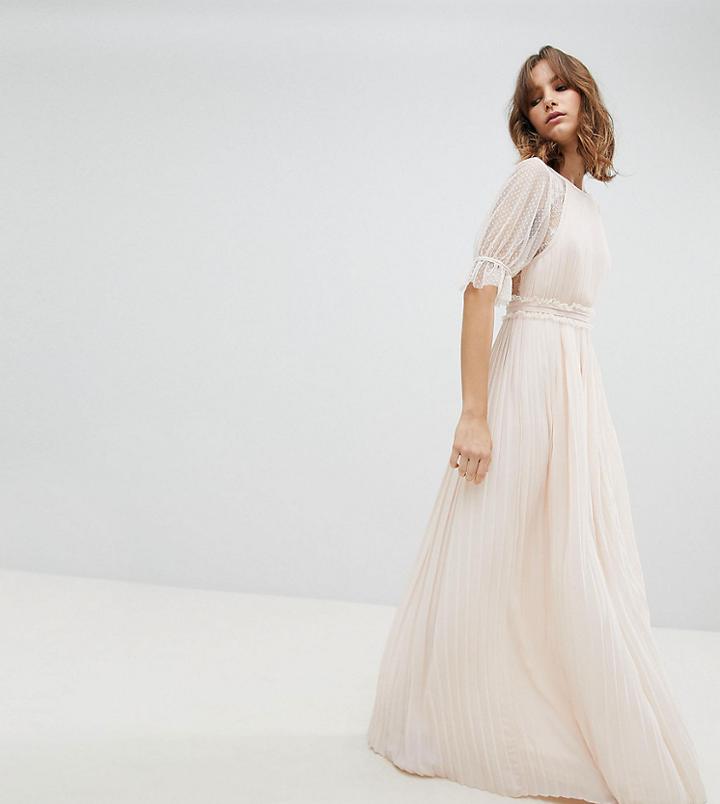 Tfnc Pleated Maxi Bridesmaid Dress With Spot Mesh Frill Detail - Pink