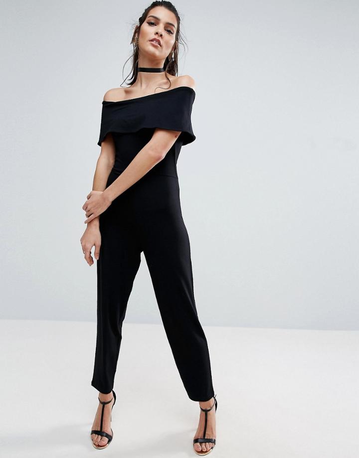 Asos Deep Bardot Jersey Jumpsuit With Peg Leg - Black