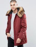 Armani Jeans Parka With Faux Fur Trim In Burgundy - Red
