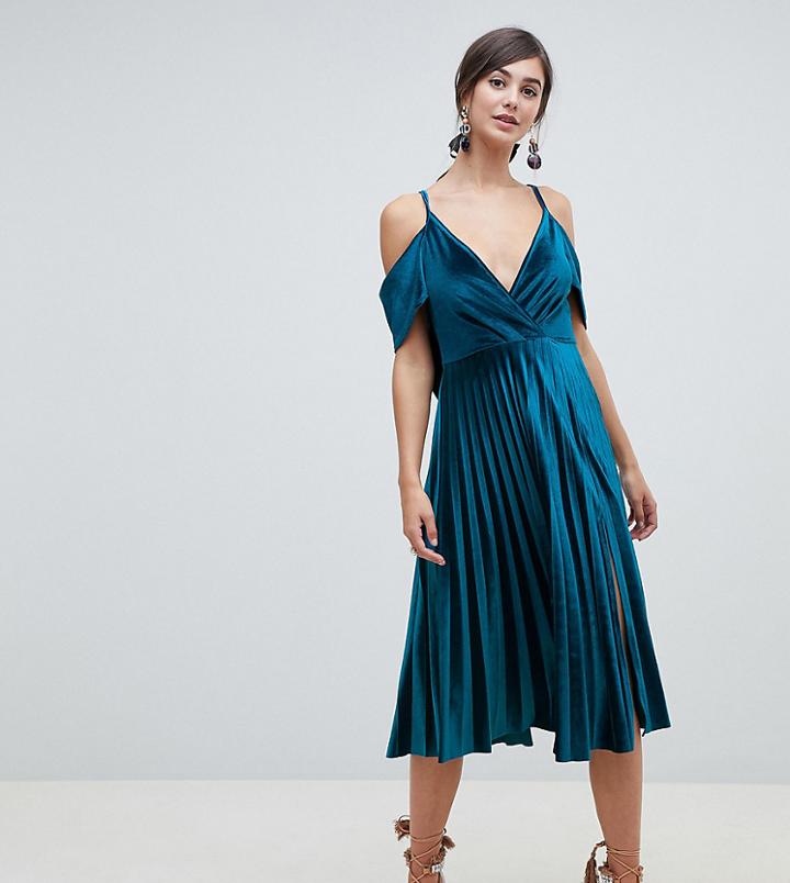 Asos Design Tall Pleated Velvet Cami Midi Dress With Cowl Back Detail - Green