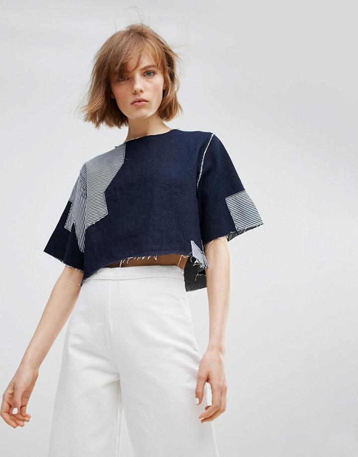 Waven Ria Patchwork Denim Crop Top - Navy