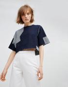Waven Ria Patchwork Denim Crop Top - Navy