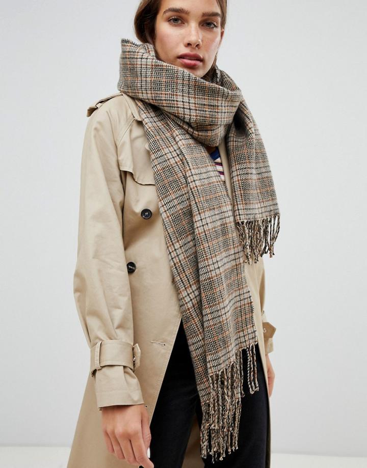 Monki Check Scarf In Brown - Multi