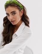 Asos Design Velvet Headband With Gray Pearl Detail In Chartreuse-green