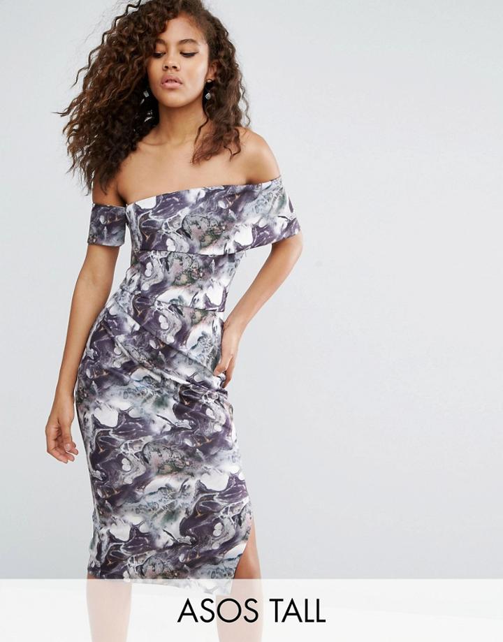 Asos Tall Clean Scuba Midi One Shoulder Wrap Skirt Marble Print - Mult