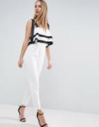 Asos Jumpsuit With Double Ruffle And Contrast Grosgrain Tie - White