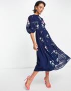 Asos Design High Neck Textured Embroidered Midi Dress With Lace Trims In Navy