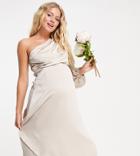 Tfnc Maternity Bridesmaid Satin One Shoulder Long Sleeve Maxi Dress In Mink-pink