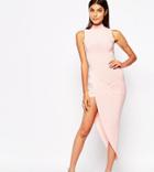 Club L Slinky High Neck Dress With Ruched Wrap Skirt Detail - Pink