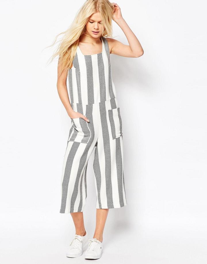 Asos Jumpsuit In Woven Stripe With Square Neck - White