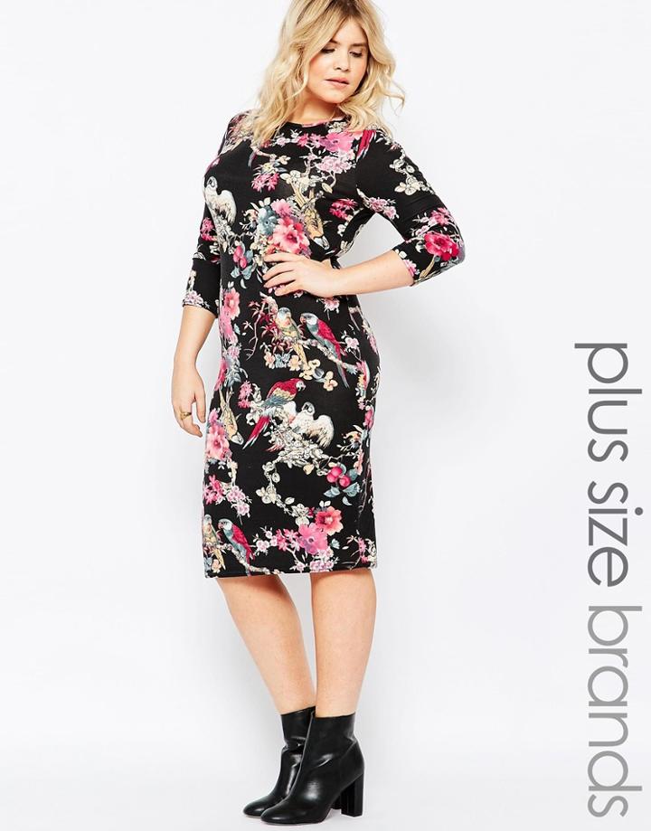 Club L Plus Midi Dress In Ornate Bird Print - Parrot Print