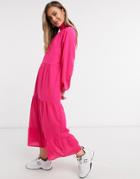 Lola May Trapeze Tiered Maxi Dress With Tie Neck In Hot Pink