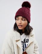 Asos Design Cable Faux Fur Pom Beanie In Recycled Polyester - Red